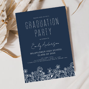 Navy Blue Wildflower Bloom Graduation Party Boho Invitation