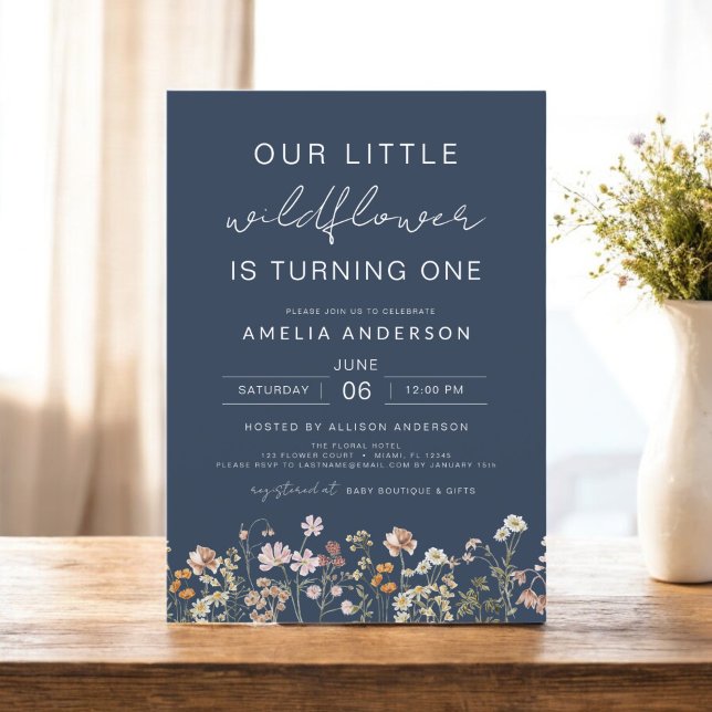Navy Blue Wildflower Boho Chic First Birthday  Invitation (Creator Uploaded)