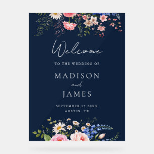 Navy Blue Wildflower Floral Wedding Welcome Acrylic Sign