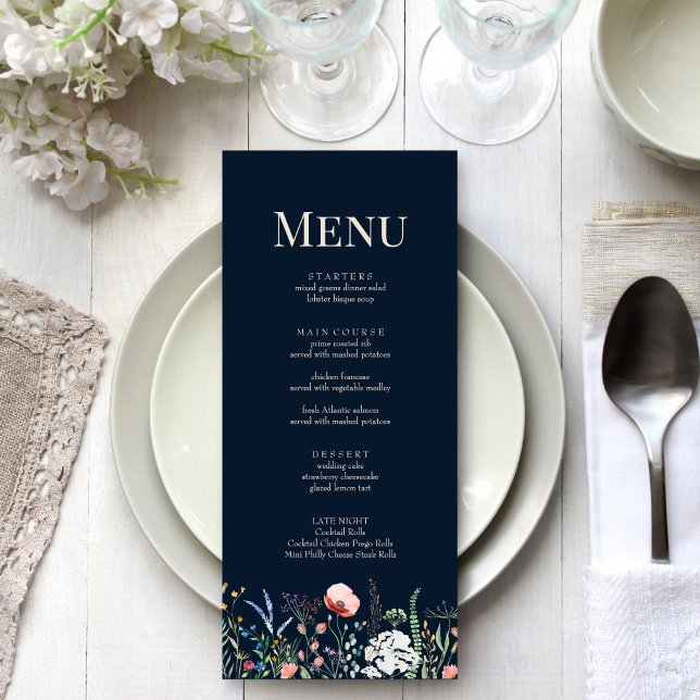 Navy Blue Wildflower Meadow Wedding Menu Card (Navy Blue Wildflower Meadow Wedding Menu Card on a boho white wedding dinner table.)