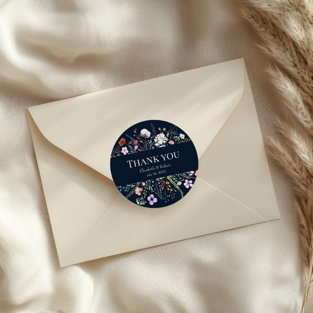 Navy Blue Wildflower Meadow Wedding Thank You Classic Round Sticker (Navy Blue Wildflower Meadow Wedding Thank You Classic Round Sticker on an elegant wedding envelope)