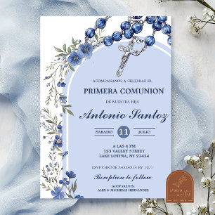 Navy Blue Wildflower Rosary First Holy Communion B Invitation
