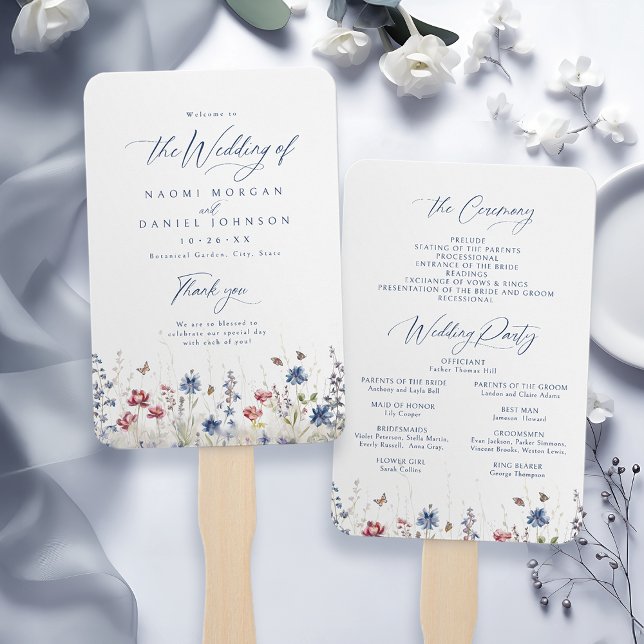 Navy Blue Wildflower Rustic Wedding Programs Hand Fan (Navy Blue Wildflower Rustic Wedding Programs Hand Fan)