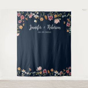 Navy Blue Wildflower Wedding Backdrops Tapestry
