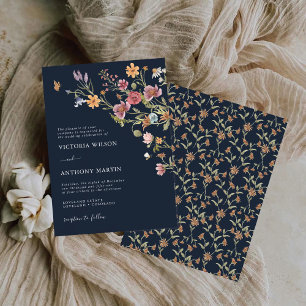 Navy Blue Wildflower Wedding Invitation