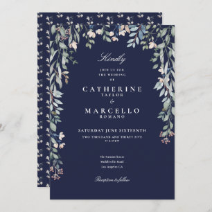 Navy Blue Wildflowers Floral Greenery Wedding Invitation