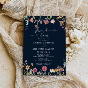 Navy Blue Wildflowers Rehearsal Dinner Invitation
