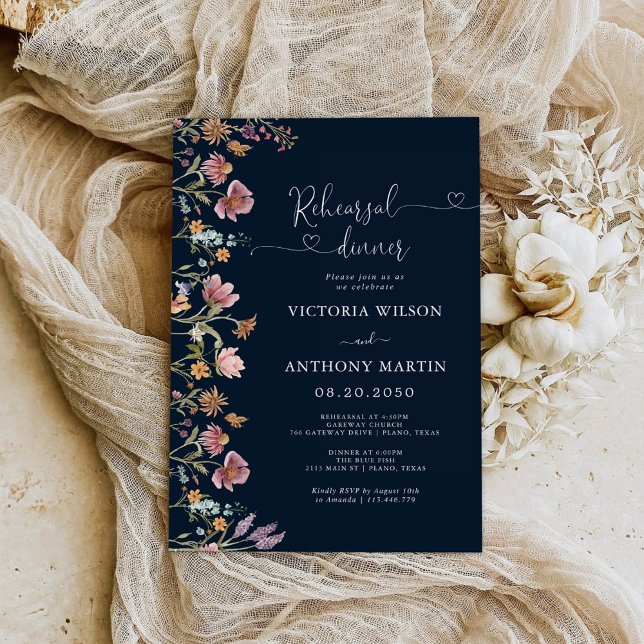Navy Blue Wildflowers Rehearsal Dinner Invitation (Creator Uploaded)