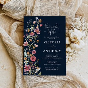 Navy Blue Wildflowers Rehearsal Dinner Invitation