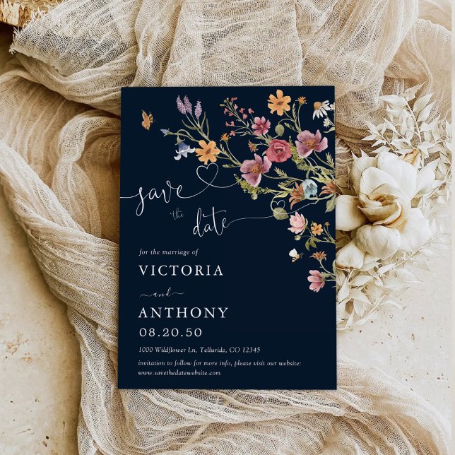 Navy Blue Wildflowers Save The Date Cards (Creator Uploaded)