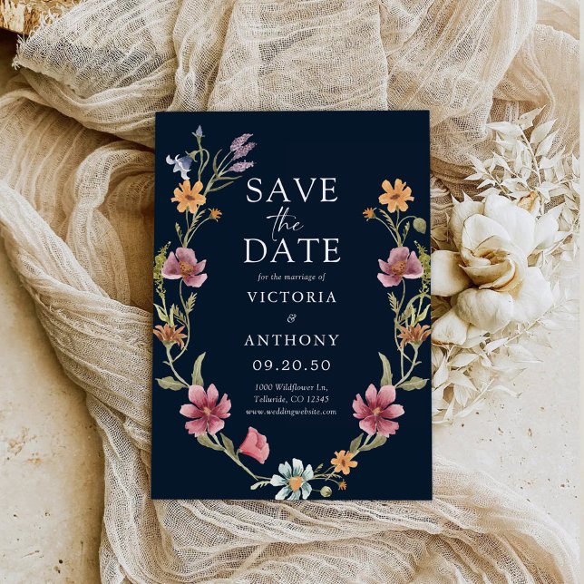 Navy Blue Wildflowers Save The Date Cards (Creator Uploaded)