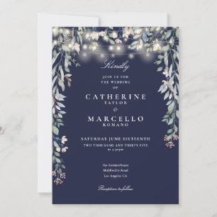 Navy Blue Wildflowers String Lights Wedding Invitation