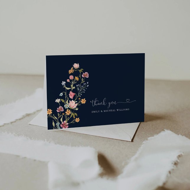 Navy Blue Wildflowers Wedding Flat Thank You Card (Creator Uploaded)