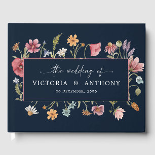 Navy Blue Wildflowers Wedding Guest Book