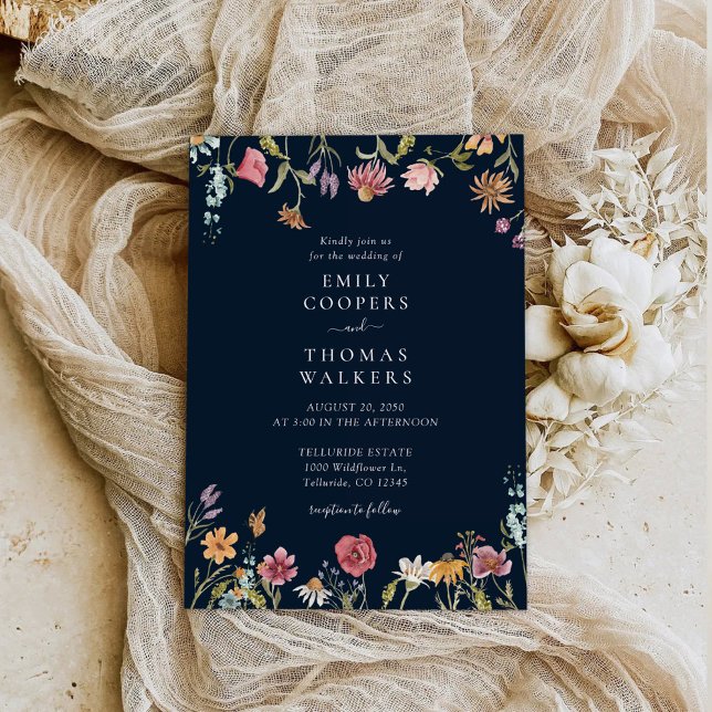 Navy Blue Wildflowers Wedding Invitation (Creator Uploaded)