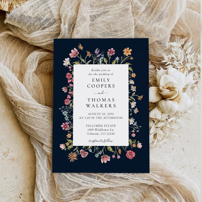 Navy Blue Wildflowers Wedding Invitation (Creator Uploaded)