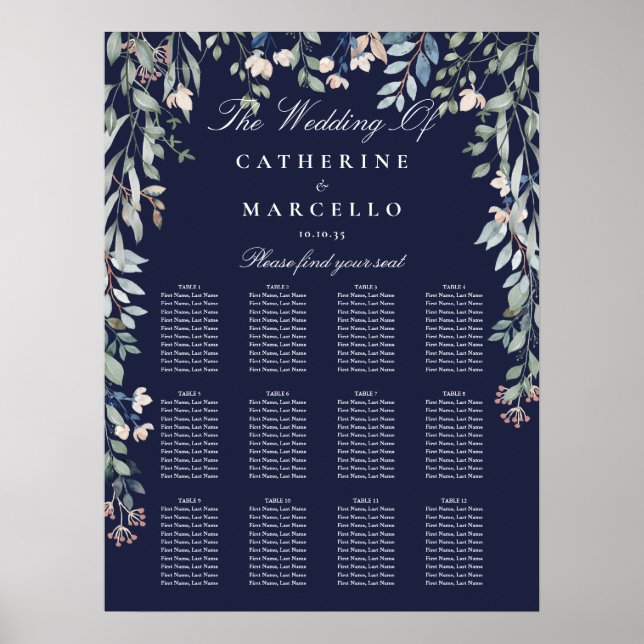 Navy Blue Wildflowers Wedding Seating Plan Chart (Front)