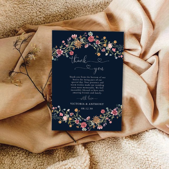 Navy Blue Wildflowers Wedding Thank You Cards (Creator Uploaded)
