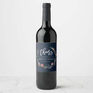 Navy Blue Wildflowers Wedding Wine Label