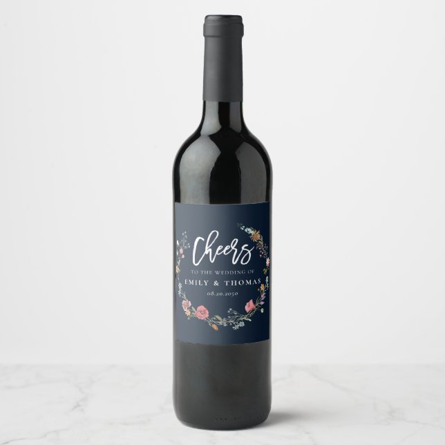 Navy Blue Wildflowers Wedding Wine Label (Front)