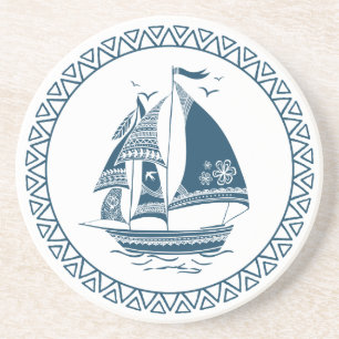 Navy-blue wind sailing boat illustration coaster