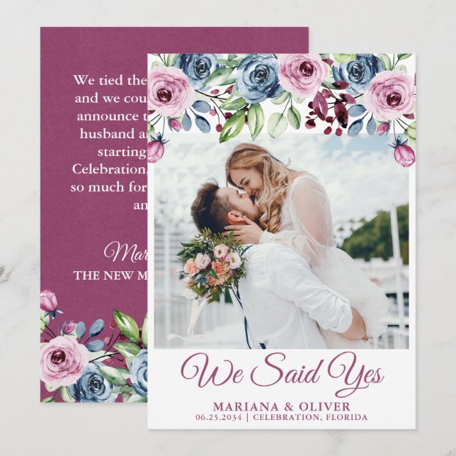 Navy Blue Wine Floral Wedding Announcement (Front/Back)