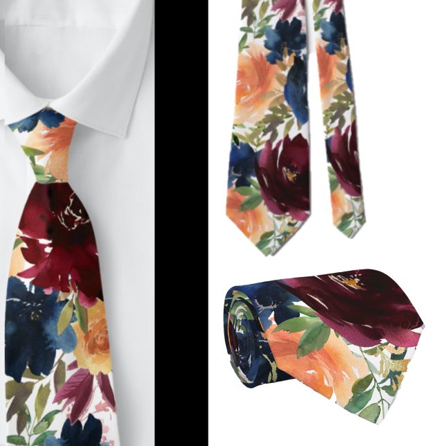 Navy Blue Wine Yellow Gold Roses Floral Neck Tie (Creator Uploaded)