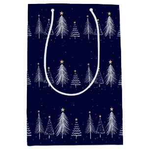Navy Blue Winter Christmas Pine Trees Star  Medium Gift Bag