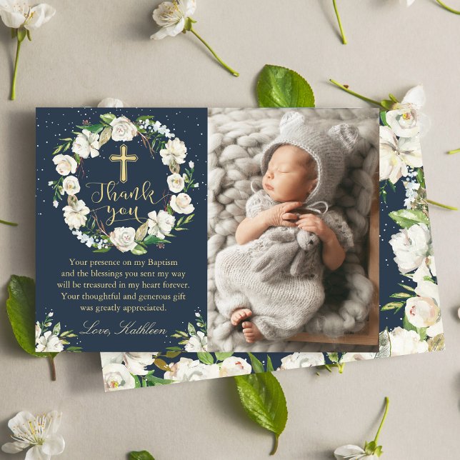 Navy Blue Winter Floral Baptism Thank you Card (Creator Uploaded)