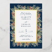 Navy Blue Winter Gold Foil Wedding Invitations