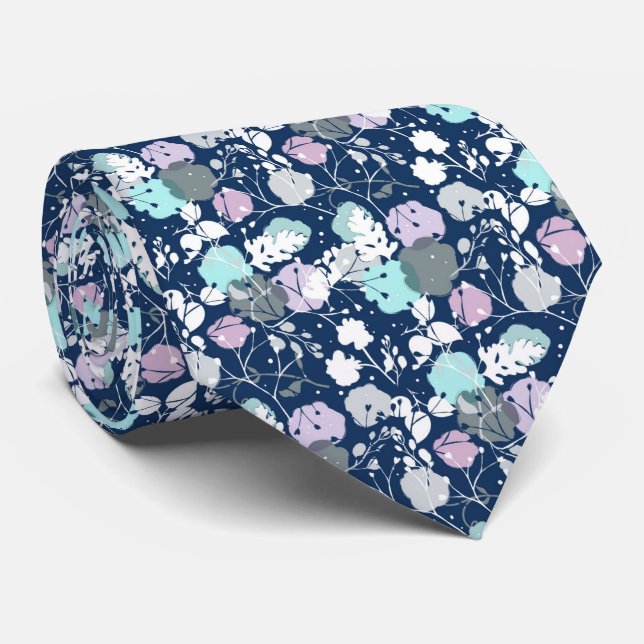 Navy Blue Winter Leaves Tie (Rolled)