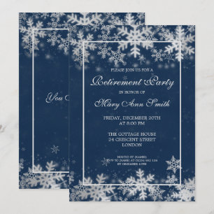 Navy Blue Winter Retirement Silver Snowflakes Invitation