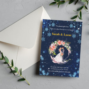 Navy Blue Winter Snow Floral Wreath Wedding Invite