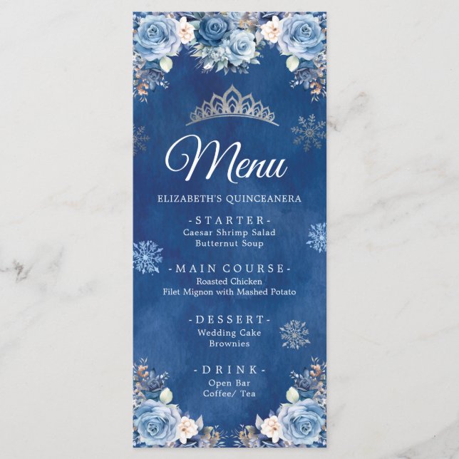 Navy Blue Winter Snowflake Mis Quince Menu (Front)