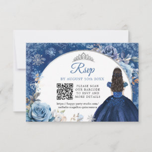 Navy Blue Winter Snowflake Quinceanera QR Code RSVP Card
