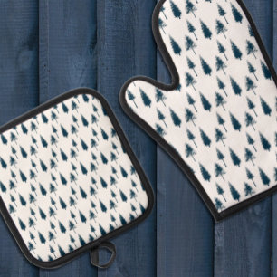 Navy Blue Winter Trees Oven Mitt & Pot Holder Set