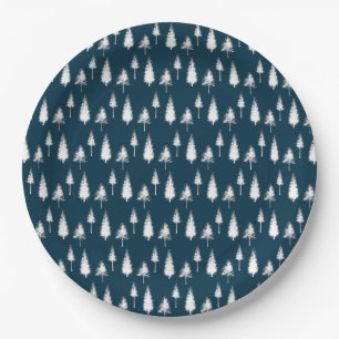 Navy Blue Winter Trees Paper Plate