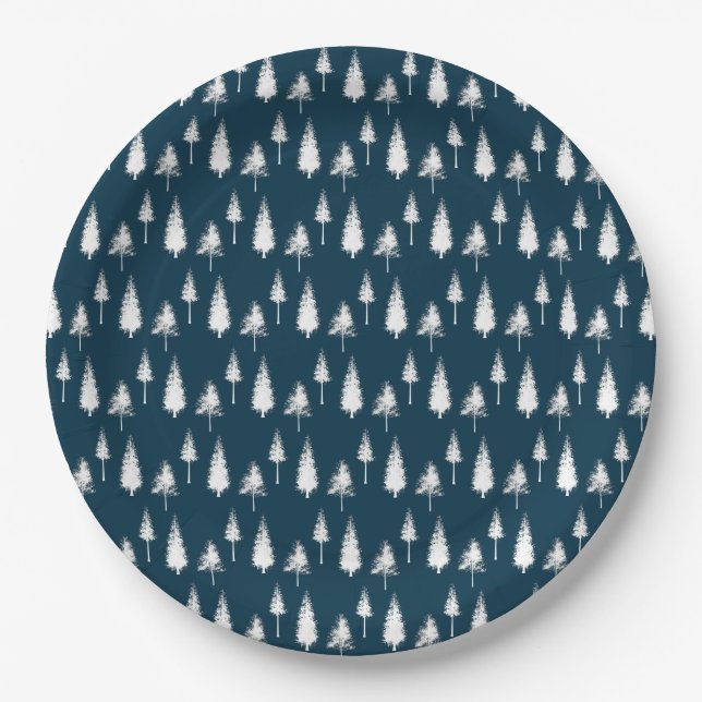 Navy Blue Winter Trees Paper Plate (Front)