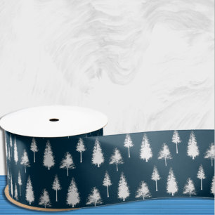 Navy Blue Winter Trees Satin Ribbon