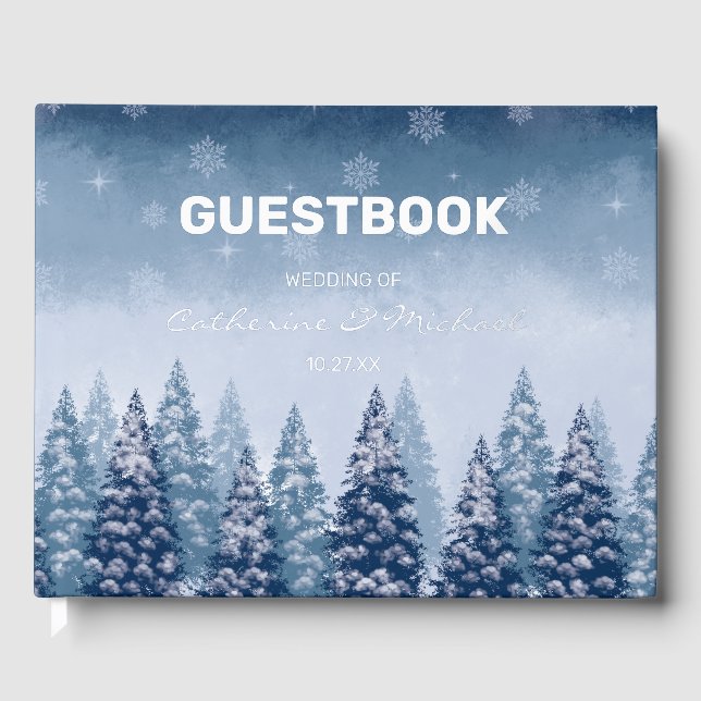 Navy Blue Winter Wonderland Pine Christmas Wedding Guest Book (Front)