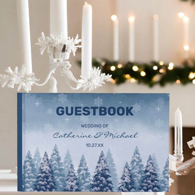 Navy Blue Winter Wonderland Pine Christmas Wedding Guest Book (Creator Uploaded)