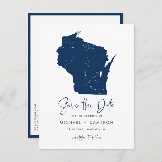 Navy Blue Wisconsin Map QR Code Save the Date Announcement Postcard (Front/Back)