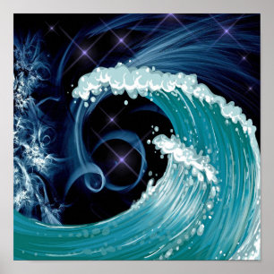 Navy Blue Wispy Night Sky   Japanese Waves Drawing Poster