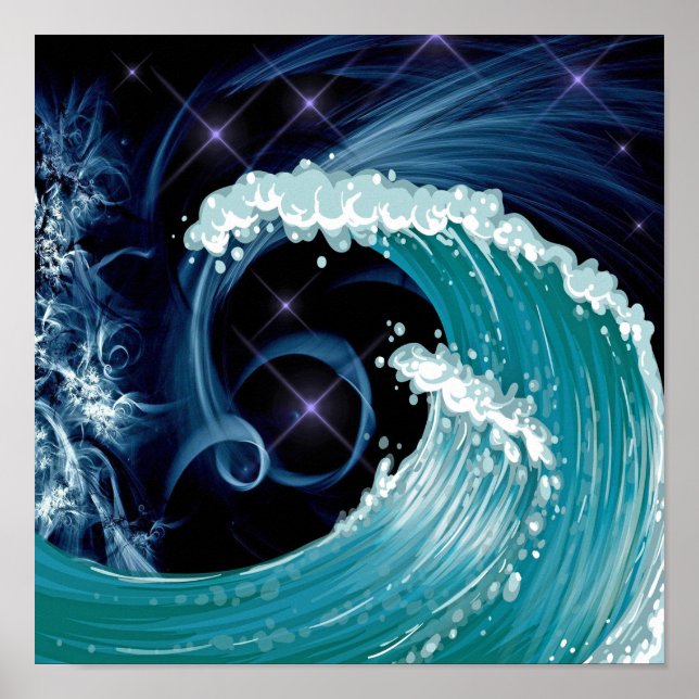 Navy Blue Wispy Night Sky | Japanese Waves Drawing Poster (Front)