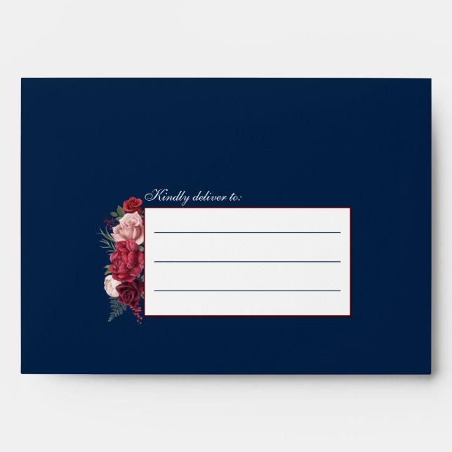 Navy Blue With Burgundy Flowers Wedding Script Envelope (Front)
