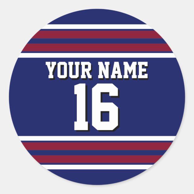 Navy Blue with Burgundy White Stripes Team Jersey Classic Round Sticker (Front)