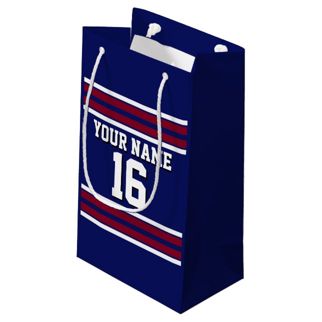 Navy Blue with Burgundy White Stripes Team Jersey Small Gift Bag (Back Angled)