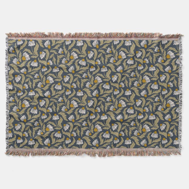 Navy Blue with Coneflowers Floral Throw Blanket (Front)