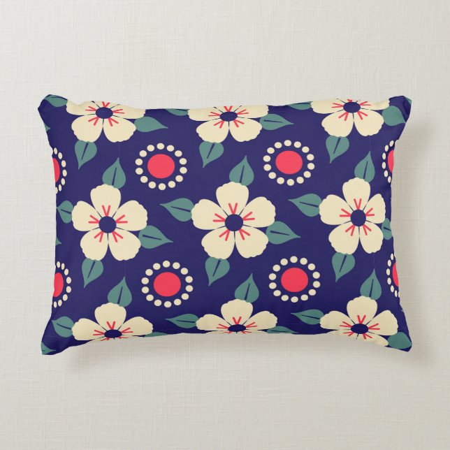Navy Blue with Cream Flowers Accent Pillow (Front)