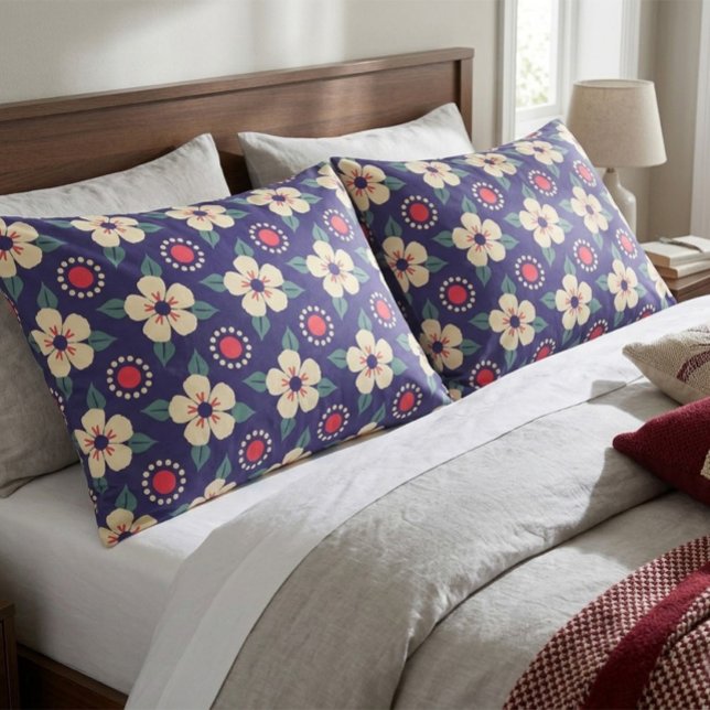 Navy Blue with Cream Flowers Pillow Case (Creator Uploaded)